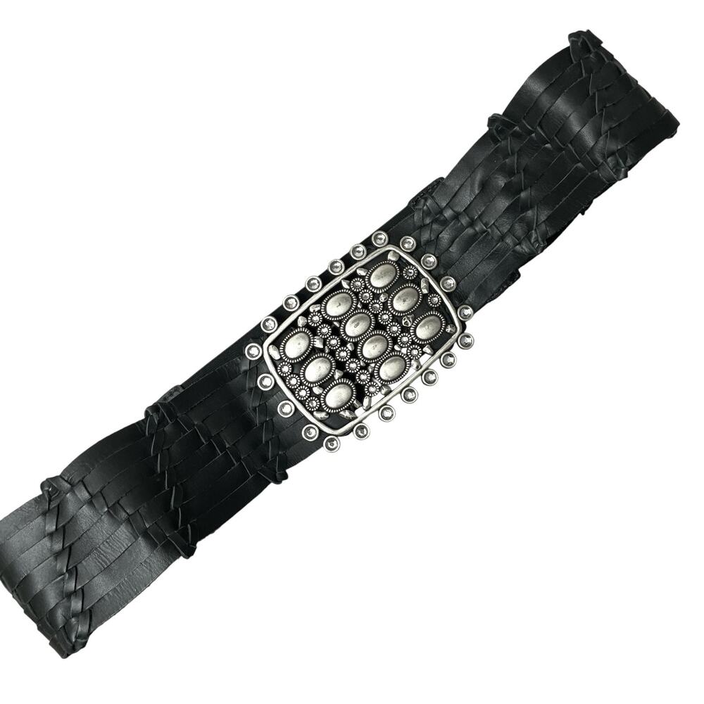Chicos Woven Leather Belt Womens Large Black Woven Silver Buckle Waist Boho